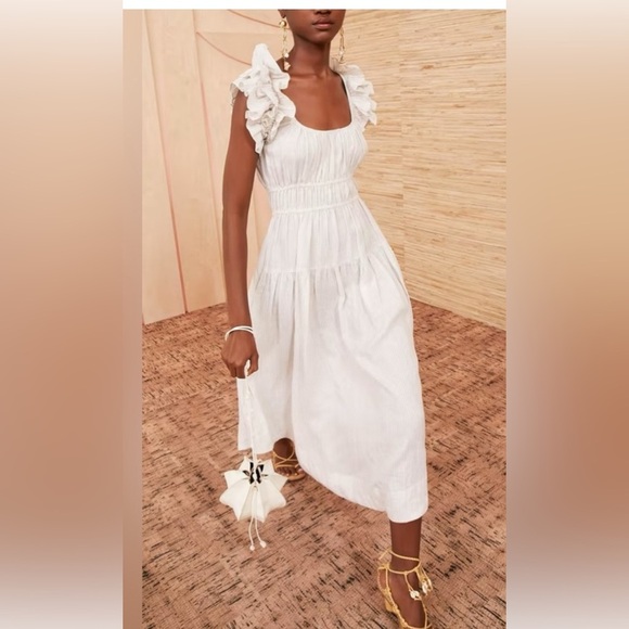 Ulla Johnson Tan Cream Stripe Rissa Dress 0 Sand Ruffle Sleeve Maxi - Picture 2 of 13